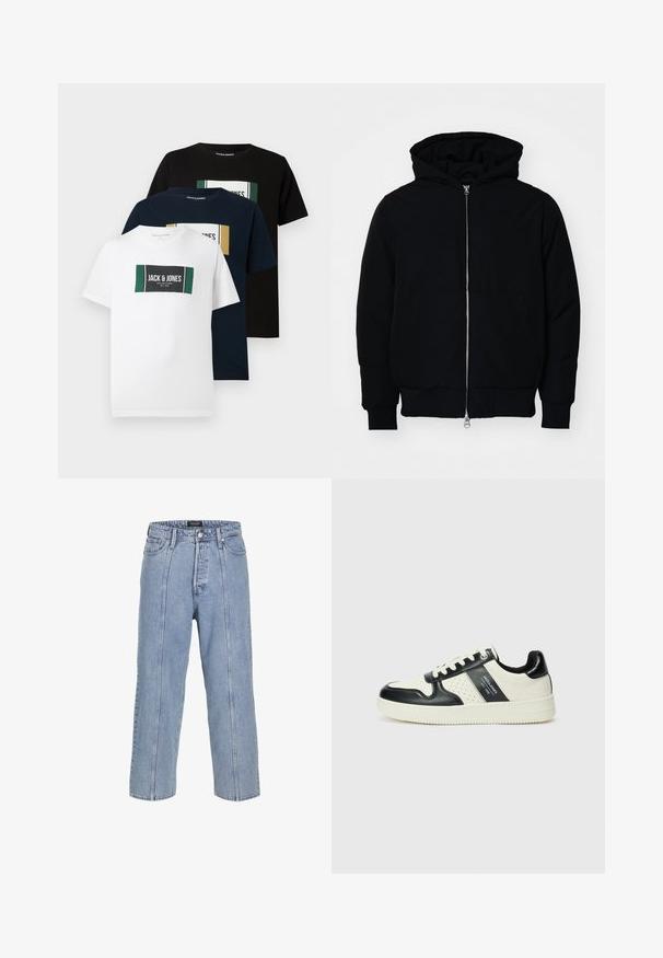 Črna kapuca jakna s sprednjim zadrgo, kenguru žepom, rebrastimi manšetami in hemom, razstavljena na enostavni beli ozadju.; Tri majice: bela, mornarsko modra in črna. Vsaka vsebuje pravokotno grafiko z blagovno znamko "Jack & Jones" in barvnimi akcenti. Iz bombažnega materiala.; Svetlo modri kavbojasti hlače ohlapnega kroja s širokimi nogavicami in vidnimi šivi. Imajo gumb in zadrgo ter pet žepov.; Usnjeni športni čevlji z črno in krem barvno shemo, ki vključujejo perforirane dodatke, podložen ovratnik in strukturirano podplat.
