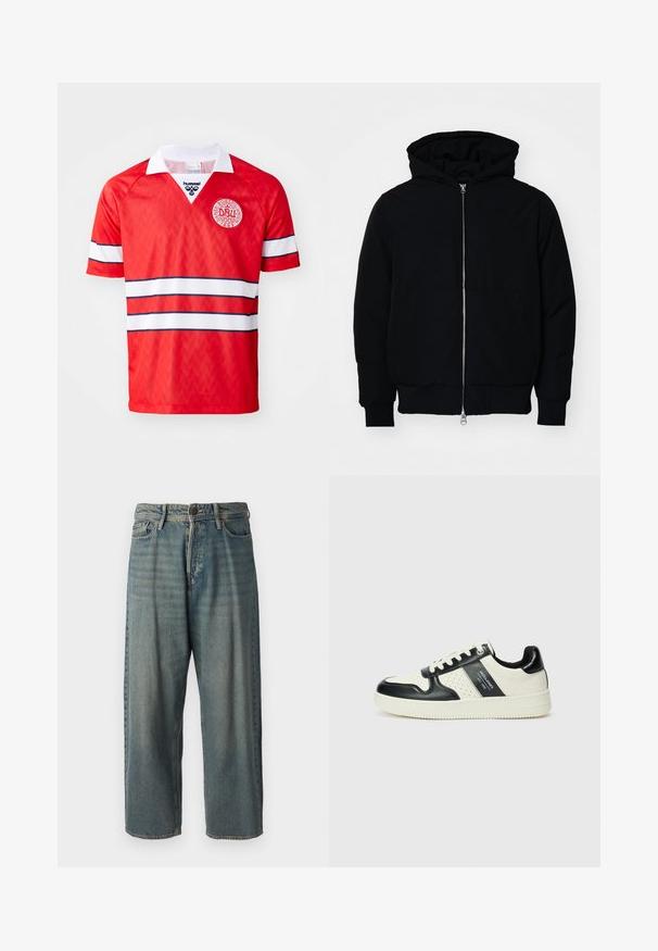 Melna kapucēta jaka ar priekšējo rāvējslēdzēju, kenguru kabatu, ribinātām aprocēm un apakšmalu, parādīta uz vienkārša balta fona.; Sarkans futbols krekls ar baltu apkakli, ar sešstūra tekstūru, baltām un tumši zilu svītru, un apļveida logo uz krūtīm.; Gaiši zili džinsi ar brīvu piegriezumu, vidējo jostas augstumu un taisnām kājām. Satur piecas kabatas, jostas cilpas un pogu aizdari.; Ādas sporta apavi ar melnbaltu krāsu shēmu, ar perforētiem akcentiem, mīkstinātu apkakli un teksturētu zoli.