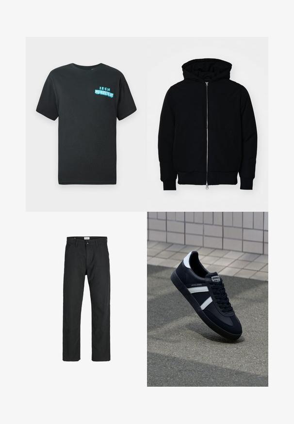 Juodas gobtuvėlis su priekiniu užtrauktuku, kengūros tipo kišene, lygiais rankogaliais ir apvadu, pateiktas ant vientiso balto fono.; Juodas medvilninis marškinėlis trumpomis rankovėmis, su mėlynu grafiniu dizainu, kuriame ant priekio užrašyta "IRON MAIDEN" stilizuotomis raidėmis.; Juodi kelniai, pagaminti iš tvirto audinio, su tiesiomis kojomis, siuvinėtomis detalėmis ir dviem priekinėmis kišenėmis funkcionalumui.; Juodas odinis sportinis batelis su baltais dryžiais, tekstūruota gumine padais ir raišteliais priekyje. Yra prekės ženklą žymintis etiketė ant liežuvio.