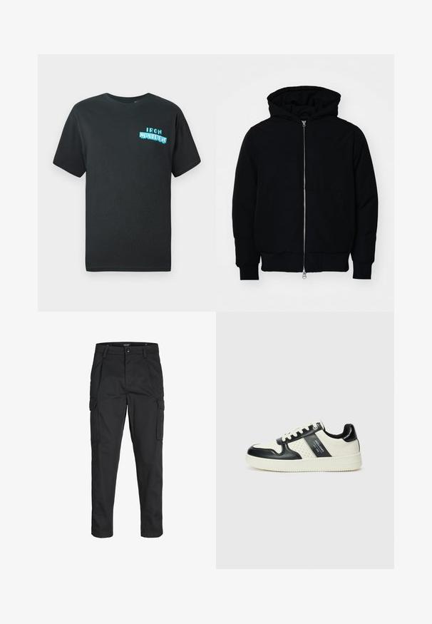 Schwarze Kapuzenjacke mit Frontreißverschluss, Kängurutasche, gerippten Bündchen und Saum, auf einem schlichten weißen Hintergrund präsentiert.; Schwarzes Baumwoll-T-Shirt mit kurzen Ärmeln, das auf der Vorderseite ein blaues Grafikdesign mit dem Schriftzug "IRON MAIDEN" in stilisierten Buchstaben zeigt.; Schwarze Cargo-Hose aus robustem Material, mit mehreren Taschen, einem Knopfverschluss und einem Slim-Fit-Design mit schmal zulaufenden Beinen.; Leder-Sneaker in Schwarz- und Cremetönen, mit perforierten Akzenten, einem gepolsterten Kragen und einer strukturierten Laufsohle.