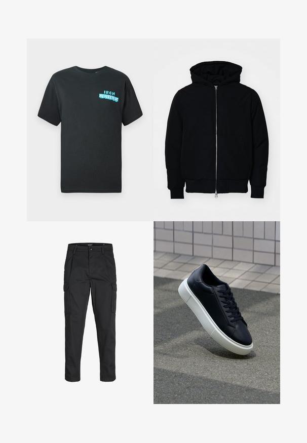 Čierna kapucňová bunda s predným zipsom, klokaními vreckami, rebrovanými manžetami a lemom, zobrazená na bielom pozadí.; Čierne bavlnené tričko s krátkymi rukávmi, na prednej strane s modrým grafickým dizajnom, ktorý znie "IRON MAIDEN" v štýlových písmenách.; Čierne cargo nohavice z odolnej látky, s viacerými vreckami, gombíkovým zapínaním a úzkym strihom so zúženými nohavicami.; Čierne kožené tenisky s okrúhlou špičkou a bielou gumovou podrážkou. Majú ploché šnúrky a minimálne šitie na vrchu. Textúrovaná podrážka pre lepšiu priľnavosť.