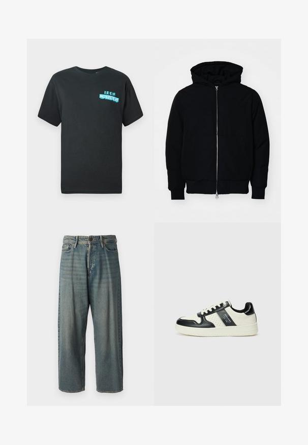 Čierna kapucňová bunda s predným zipsom, klokaními vreckami, rebrovanými manžetami a lemom, zobrazená na bielom pozadí.; Čierne bavlnené tričko s krátkymi rukávmi, na prednej strane s modrým grafickým dizajnom, ktorý znie "IRON MAIDEN" v štýlových písmenách.; Svetlomodré denimové nohavice so voľným strihom, stredne vysokým pásom a rovnými nohavicami. Obsahujú päť vreciek, pútka na opasok a zapínanie na gombík.; Kožené tenisky v čierno-krémovej farbe, s perforovanými akcentmi, polstrovaným golierom a štruktúrovanou podrážkou.