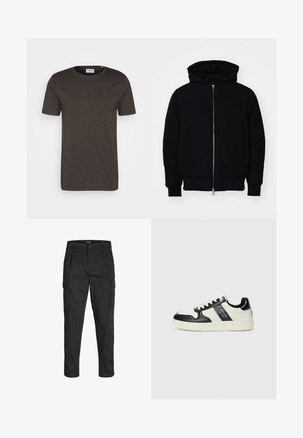 Juodas gobtuvėlis su priekiniu užtrauktuku, kengūros tipo kišene, lygiais rankogaliais ir apvadu, pateiktas ant vientiso balto fono.; Tamsiai žalia trumpomis rankovėmis marškinėliai, apvaliu iškirpimu, lygia tekstūra, be raštų ar akcentų, paprastas dizainas, tinkamas kasdieniam dėvėjimui.; Juodi krovinių tipo džinsai, pagaminti iš tvirto audinio, su keliais kišeniais, mygtuko uždarymu ir siauru, prigludusiu dizainu su siaurėjančiomis kojomis.; Odiniai sportbačiai juodos ir kreminės spalvų schemoje, su perforuotais akcentais, paminkštinta apykakle ir tekstūruotu padu.