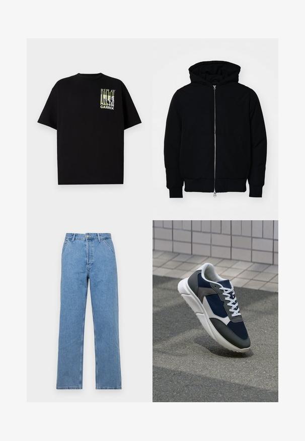 Černá kapucňová bunda s předním zipem, klokaní kapsou, vroubkovanými manžetami a spodním lemem, vystavená na čistém bílém pozadí.; Černé bavlněné tričko s krátkým rukávem, ozdobené vícolorovým grafickým motivem, který zahrnuje text "REPLAY MARTIN GARRIX" na hrudi.; Světle modré džíny rovného střihu s klasickým designem pěti kapes, s předním knoflíkovým zapínáním a poutky na opasek. Hladká textura.; Tenisky s horní částí z námornicky modré síťoviny, šedými semišovými akcenty, bílou gumovou podrážkou a plochými bílými tkaničkami, navržené pro pohodlí a prodyšnost.