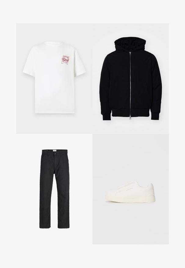 Chaqueta negra con capucha, cierre frontal, bolsillo tipo canguro, y puños y dobladillo acanalados, exhibida sobre un fondo blanco liso.; Camiseta de algodón blanca de manga corta con un gráfico de logo rojo que dice "OFF THE Grid" en la parte superior izquierda del pecho.; Pantalones negros de tela duradera, con un diseño de pierna recta, detalles cosidos y dos bolsillos frontales para mayor funcionalidad.; Zapatillas blancas tipo slip-on con una superficie texturizada, suela gruesa y diseño minimalista. Presenta el logo de la marca en un lado.