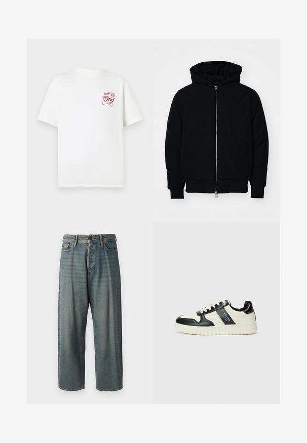 Mustat huppu-untuvatakki, jossa on vetoketju edessä, kenguru-tasku, ribatut hihansuut ja helma, esillä yksinkertaisella valkoisella taustalla.; Valkoinen puuvillapaitaja, jossa on lyhyet hihat ja punainen logo, joka lukee "OFF THE Grid" vasemmassa rintataskussa.; Vaaleansiniset farkut, joissa on väljä istuvuus, keskikorkea vyötärö ja suorat lahkeet. Ominaisuuksiin kuuluvat viisi taskua, vyölenkit ja nappisulku.; Nahkakengät musta-kerma värimaailmassa, joissa on rei'itetyt yksityiskohdat, pehmustettu nilkkaosa ja teksturoitu pohja.