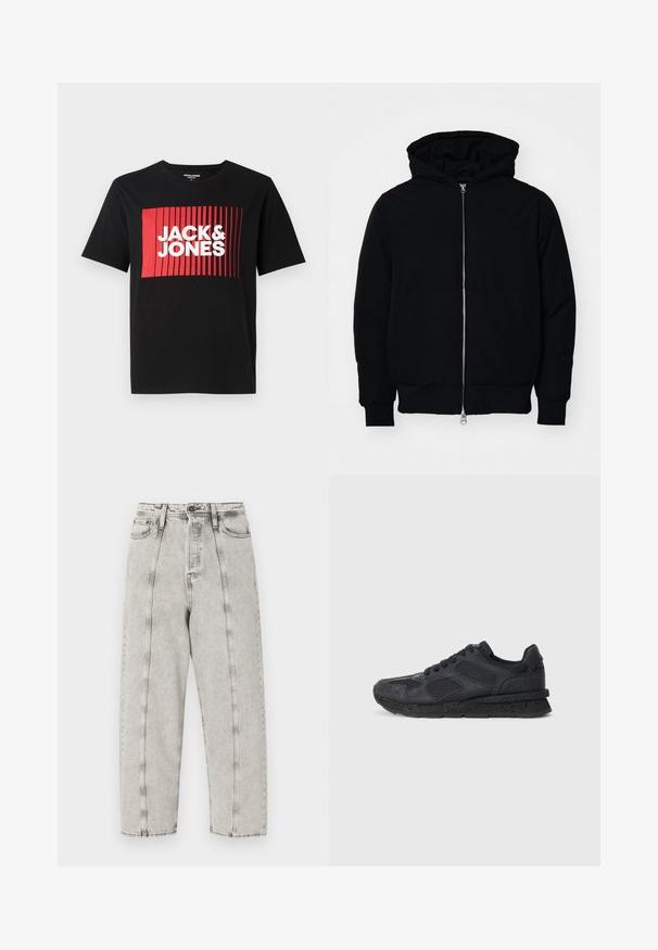 Juodas gobtuvėlis su priekiniu užtrauktuku, kengūros tipo kišene, lygiais rankogaliais ir apvadu, pateiktas ant vientiso balto fono.; Juodas trumpomis rankovėmis marškinėliai su raudonu stačiakampiu grafiniu dizainu ir vertikaliomis linijomis, ant kurių užrašas "JACK & JONES" balta spalva.; Pilka aukšta juosmens džinsai su laisvu siluetu, tiesios kojų dizainas, matoma siūlė ir nusidėvėjusi tekstūra.; Replay ARTHUR ATOM - Sportbačiai - black