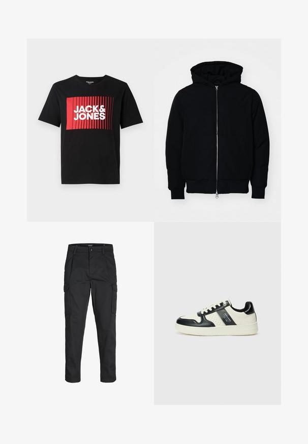 Melna kapucēta jaka ar priekšējo rāvējslēdzēju, kenguru kabatu, ribinātām aprocēm un apakšmalu, parādīta uz vienkārša balta fona.; Melnā T-kreklā ar īsām piedurknēm ir sarkans taisnstūra grafiskais dizains ar vertikālām līnijām un teksts "JACK & JONES" baltā krāsā.; Melnas kravas bikses, izgatavotas no izturīga auduma, ar vairākiem kabatām, pogu aizdari un šaura piegriezuma dizainu ar sašaurinātiem kāju apakšiem.; Ādas sporta apavi ar melnbaltu krāsu shēmu, ar perforētiem akcentiem, mīkstinātu apkakli un teksturētu zoli.