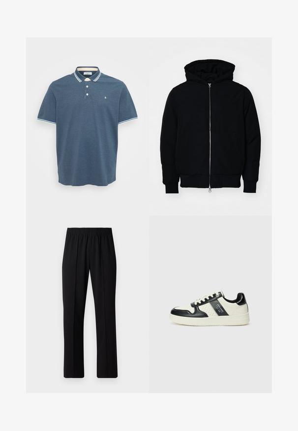 Fekete kapucnis dzseki elülső cipzárral, kenguruzsebbel, bordázott mandzsettákkal és aba, egy sima fehér háttér előtt.; Férfi kék, rövid ujjú polo póló fehér és világoskék csíkos gallérral és ujjvégekkel, három elülső gombbal és apró logóval a mellkason.; Fekete, gumíros derekú nadrág egyenes szabással, sima felülettel, látható minták vagy fémrészek nélkül.; Fekete és krém színű bőrsneaker, perforált díszítésekkel, párnázott bokapánttal és texturált talppal.