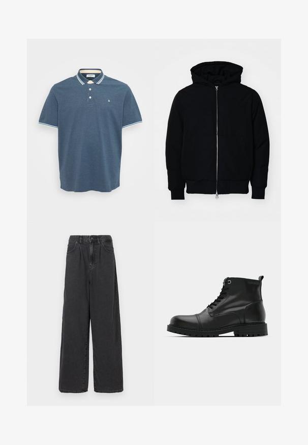 Sort hættejakke med frontlynlås, kængurulomme, ribbede manchetter og kant, præsenteret på en ensfarvet hvid baggrund.; Herre blå kortærmet polo skjorte med hvid og lyseblå stribede krave og ærmekanter, tre frontknapper og lille logo på brystet.; Bredde ben, høj talje sorte denimbukser med frontknap og lynlås, der har sidelommer og en glat overflade.; Sorte læderankelstøvler med rund tå, snørebåndsdesign, kontrasterende grå øjer og en robust gummisål. Glat tekstur med minimale accenter.