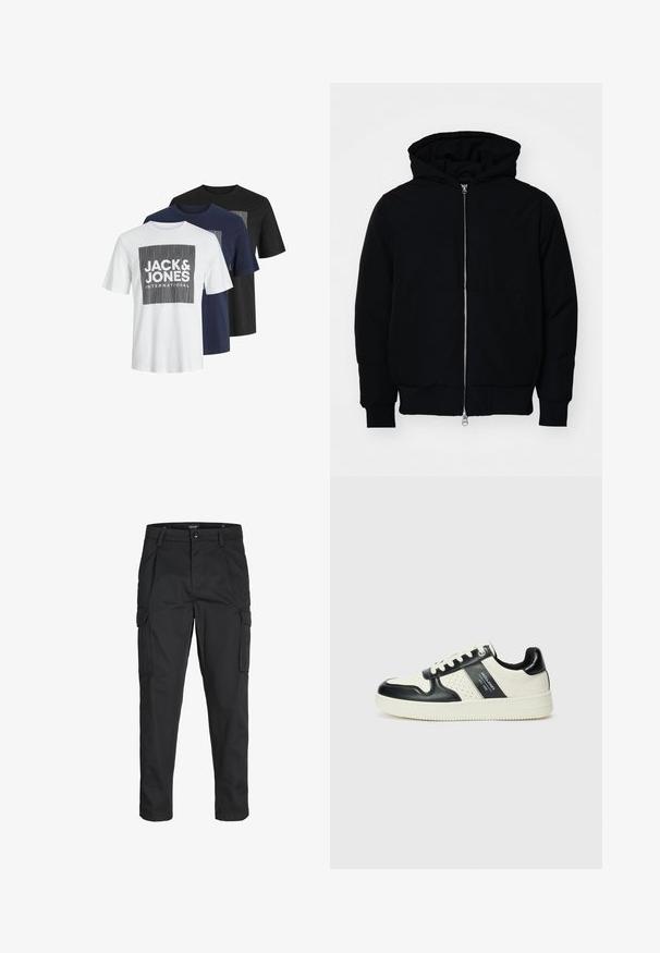 Black hooded jacket with front zipper, kangaroo pocket, ribbed cuffs, and hem, displayed on a plain white background.; Three short-sleeve T-shirts in white, navy, and black. Each features a boxy graphic design with "JACK & JONES" text in bold.; Black cargo pants made of sturdy fabric, featuring multiple pockets, a button closure, and a slim fit design with tapered legs.; Leather sneakers with a black and cream color scheme, featuring perforated accents, a padded collar, and a textured outsole.
