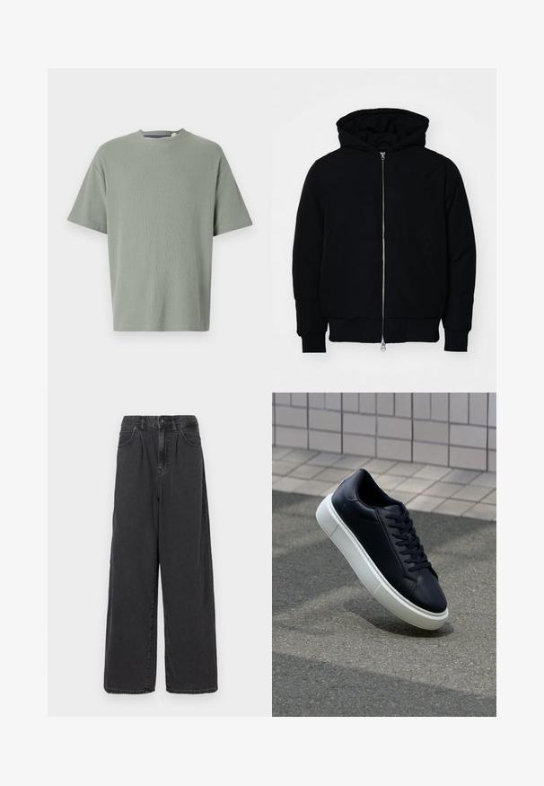 Juodas gobtuvėlis su priekiniu užtrauktuku, kengūros tipo kišene, lygiais rankogaliais ir apvadu, pateiktas ant vientiso balto fono.; Alyvuogių žalia trumpomis rankovėmis marškinėliai, suapvalinta apykakle, pagaminti iš minkštos tekstūruotos medžiagos. Paprastas dizainas, be matomų raštų ar puošmenų.; Plačios kojos, aukšto juosmens juodos džinsinės kelnės su priekiniais mygtukais ir užtrauktuku, turinčios šonines kišenes ir lygią tekstūrą.; Juodas odinis sportbačius su apvaliu pirštu ir baltu gumuotu padu. Turi plokščias raišteles ir minimalų siuvimą viršuje. Padangos tekstūra užtikrina sukibimą.