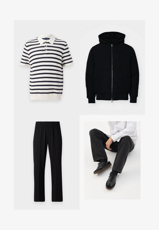 Juodas gobtuvėlis su priekiniu užtrauktuku, kengūros tipo kišene, lygiais rankogaliais ir apvadu, pateiktas ant vientiso balto fono.; Juostuota polo marškinėliai su tamsiai mėlynomis ir kreminėmis pakaitinėmis juostomis, trumpomis rankovėmis, megztu apykakle ir trimis mygtukais. Nėrimo tekstūra.; Juodos, elastingos juosmens kelnės su tiesiomis kojomis, turinčios lygų paviršių ir be matomų raštų ar detalių.; Juodi sportbačiai su lygiu ir tekstūruotu paviršiumi, turi guminį padas ir tamsias raištelius. Suderinti su juodomis džinsais ir balta juostuota marškinėliais.