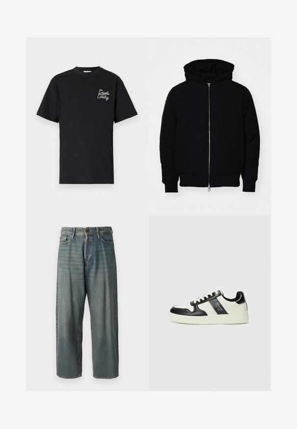 Mustat huppu-untuvatakki, jossa on vetoketju edessä, kenguru-tasku, ribatut hihansuut ja helma, esillä yksinkertaisella valkoisella taustalla.; Mustat puuvillapaidat, joissa on lyhyet hihat, pyöreä kaula-aukko ja vasemmassa rinnassa valkoinen brodeerattu "Crypto Cowboy" -logo.; Vaaleansiniset farkut, joissa on väljä istuvuus, keskikorkea vyötärö ja suorat lahkeet. Ominaisuuksiin kuuluvat viisi taskua, vyölenkit ja nappisulku.; Nahkakengät musta-kerma värimaailmassa, joissa on rei'itetyt yksityiskohdat, pehmustettu nilkkaosa ja teksturoitu pohja.