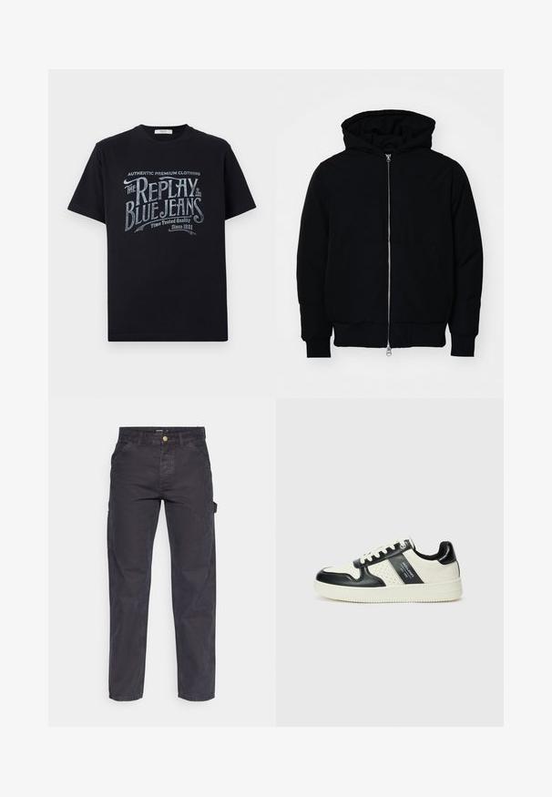 Chaqueta negra con capucha, cierre frontal, bolsillo tipo canguro, y puños y dobladillo acanalados, exhibida sobre un fondo blanco liso.; Camiseta de algodón negra de manga corta y cuello redondo, con un diseño gráfico de texto en estilo vintage en blanco y azul claro en la parte frontal.; Pantalones cargo de color gris oscuro, confeccionados con un tejido duradero, que presentan un corte recto, cinco bolsillos y un cierre de botón en la cintura.; Zapatillas de cuero con un esquema de colores negro y crema, que cuentan con acentos perforados, un collar acolchado y una suela texturizada.