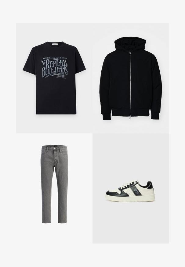 Črna kapuca jakna s sprednjim zadrgo, kenguru žepom, rebrastimi manšetami in hemom, razstavljena na enostavni beli ozadju.; Črna bombažna majica s kratkimi rokavi in okroglo ovratnikom, ki na sprednji strani prikazuje grafični napis v vintage slogu v beli in svetlo modri barvi.; Sivi jeans iz denima z ravnim krojem, petimi žepi in kovinskim gumbom za zapiranje. Tkanina ima mehak, teksturiran zaključek.; Usnjeni športni čevlji z črno in krem barvno shemo, ki vključujejo perforirane dodatke, podložen ovratnik in strukturirano podplat.