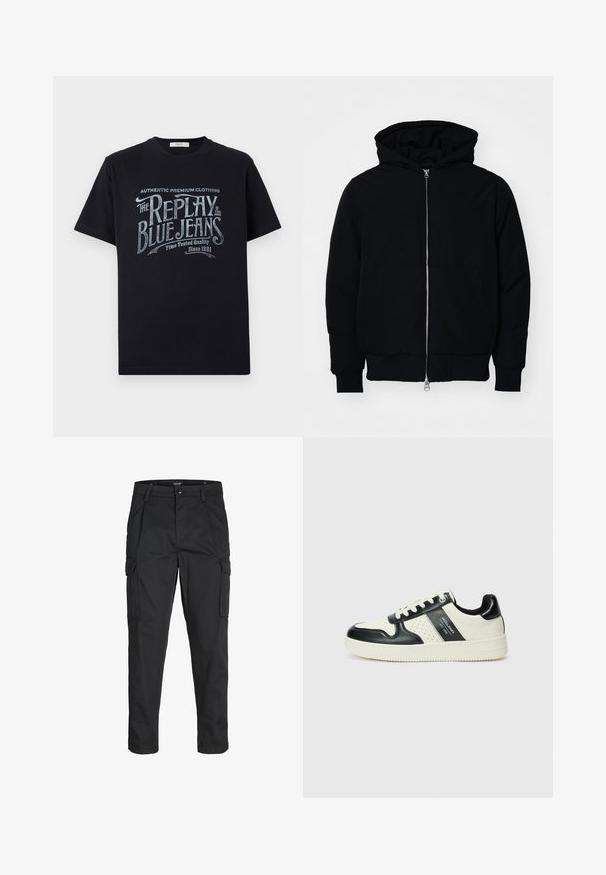 Black hooded jacket with front zipper, kangaroo pocket, ribbed cuffs, and hem, displayed on a plain white background.; Black cotton t-shirt with short sleeves and a round neckline, featuring a vintage-style white and light blue graphic text design on the front.; Black cargo pants made of sturdy fabric, featuring multiple pockets, a button closure, and a slim fit design with tapered legs.; Leather sneakers with a black and cream color scheme, featuring perforated accents, a padded collar, and a textured outsole.