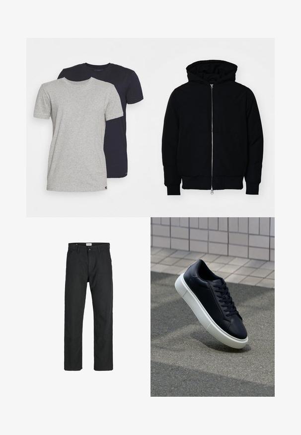 Melna kapucēta jaka ar priekšējo rāvējslēdzēju, kenguru kabatu, ribinātām aprocēm un apakšmalu, parādīta uz vienkārša balta fona.; Divi kreklu ar apaļu kakla izgriezumu: viens pelēks, otrs tumši zils. Abi ir īsām piedurknēm, izgatavoti no kokvilnas materiāla ar gludu textūru un standarta piegriezuma.; Melnas bikses no izturīga auduma, ar taisna griezuma dizainu, izšūtām akcentiem un divām priekšējām kabatām funkcionālitātei.; Melnas ādas kedas ar noapaļotu pirkstu un baltu gumijas zoli. Iespējas - plakanas šņorītes un minimāla apdare augšdaļā. Struktūrēta zole, lai nodrošinātu saķeri.