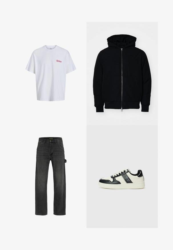 Crna kapuška jakna s prednjim zatvaračem, kenguru džepom, rebrastim manžetama i rubom, prikazana na običnoj bijeloj pozadini.; Bijela pamučna majica s kratkim rukavima, okruglim izrezom, s malim ružičastim grafičkim uzorkom na lijevoj strani prsiju. Glatka tekstura, opušteni kroj.; Tamno sivi traperice ravnog kroja, s pet džepova, metalnim kopčanjem i bočnim remenom.; Kožne tenisice s crno-bijelom paletom boja, koje imaju perforirane akcentne detalje, podstavljeni ovratnik i teksturiranu potplat.
