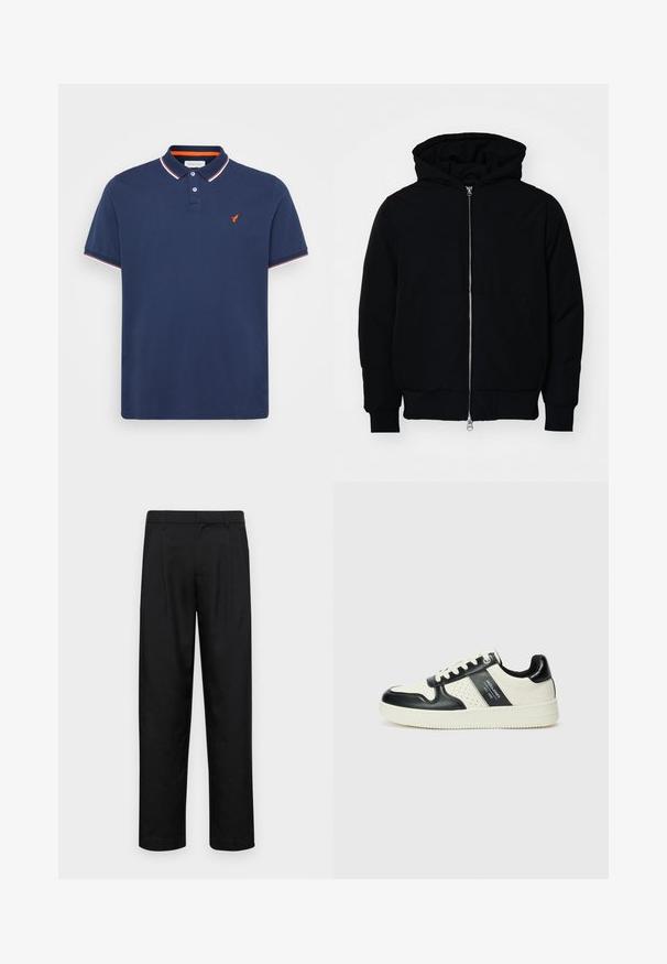 Chaqueta negra con capucha, cierre frontal, bolsillo tipo canguro, y puños y dobladillo acanalados, exhibida sobre un fondo blanco liso.; Polo de color azul marino hecho de algodón, con una tapeta de dos botones, mangas cortas y un ribete en el cuello de color rojo y blanco. Presenta un pequeño logotipo naranja.; Pantalones negros de tela suave, con un diseño de pierna recta, dos pliegues frontales y una cintura estándar con trabillas para el cinturón.; Zapatillas de cuero con un esquema de colores negro y crema, que cuentan con acentos perforados, un collar acolchado y una suela texturizada.