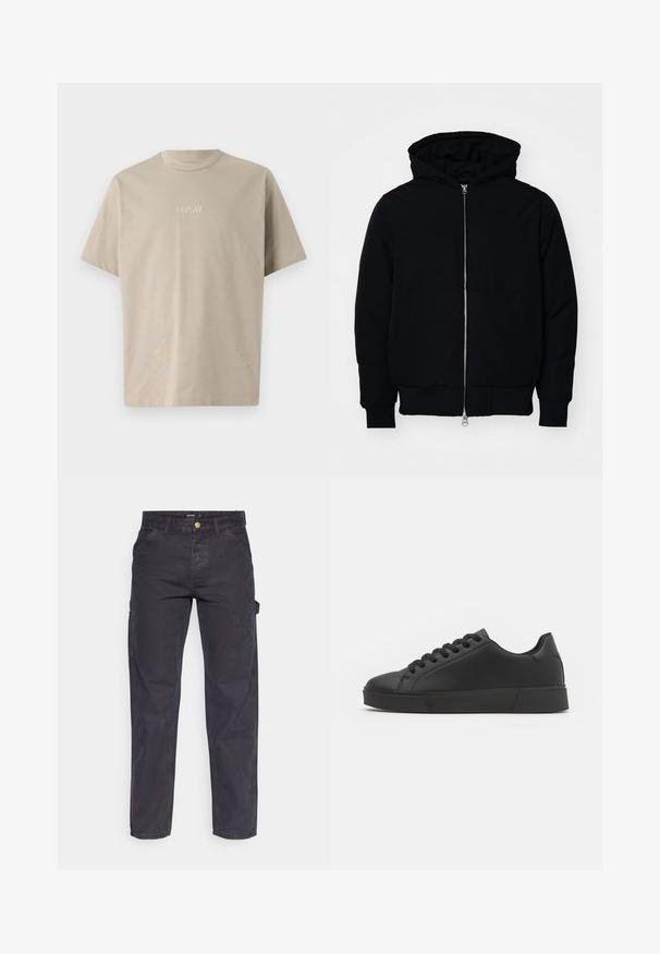 Zwarte hoodie met rits aan de voorkant, kangoeroe-pocket, geribbelde manchetten en zoom, weergegeven op een effen witte achtergrond.; Beige katoenen T-shirt met korte mouwen, ronde hals en een klein "REPLAY" logo in het wit geborduurd aan de voorkant.; Donkergrijze cargobroek van duurzaam materiaal, met een rechte pijp, vijf zakken en een knoopsluiting in de taille.; Zwarte lage sneakers van glad synthetisch materiaal. Rondneus, vetersluiting en platte rubberen zool met gestructureerde accenten.