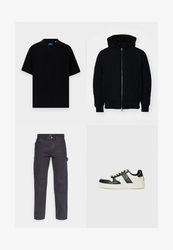 Sort hættejakke med frontlynlås, kængurulomme, ribbede manchetter og kant, præsenteret på en ensfarvet hvid baggrund.; Sort kortærmet polo skjorte med V-hals, der har en ribbet tekstur og subtile lodrette striber. Mærke indeni halsområdet.; Mørkegrå cargo-bukser lavet af slidstærkt stof, med lige ben, fem lommer og en knaplukning i taljen.; Lædersneakers i sort og creme farveskema, med perforerede detaljer, en polstret krave og en struktureret ydersål.