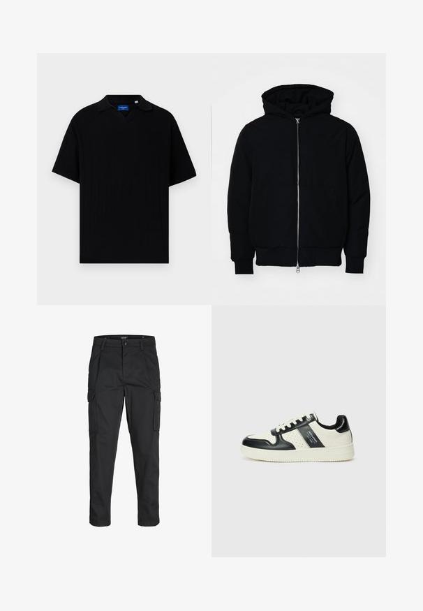 Svart hettejakke med frontglidelås, kengurulomme, ribbestrikket mansjetter og søm, vist på en ensfarget hvit bakgrunn.; Svart kortermet polo med V-hals, med ribbestruktur og subtile vertikale striper. Lappen er plassert inne i halsområdet.; Sorte cargo bukser laget av slitesterkt stoff, med flere lommer, knappelukking og en slim fit-design med avsmalnede ben.; Lædersneakers med sort og creme farveskema, der har perforerede detaljer, en polstret krave og en struktureret ydersål.