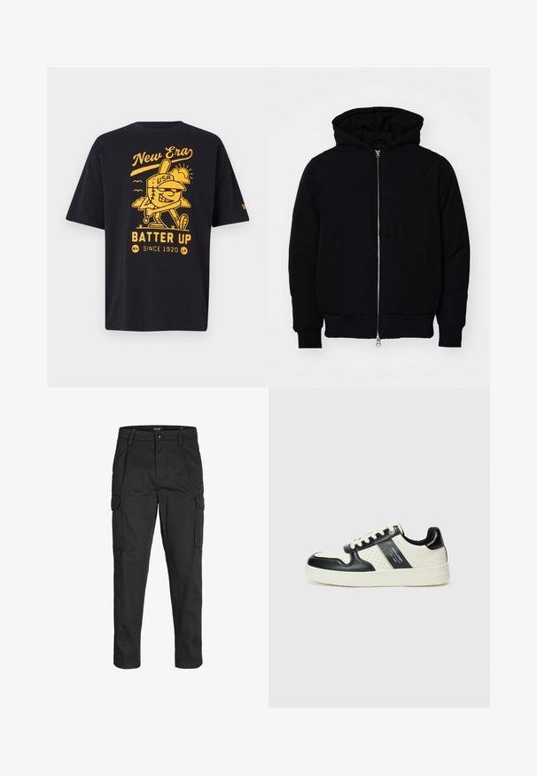 Juodas gobtuvėlis su priekiniu užtrauktuku, kengūros tipo kišene, lygiais rankogaliais ir apvadu, pateiktas ant vientiso balto fono.; Juodas trumpa rankovė t-shirt su geltona grafika, vaizduojančia komiksų beisbolo žaidėją su užrašais "New Era" ir "Batter Up". Pagaminta iš medvilnės.; Juodi krovinių tipo džinsai, pagaminti iš tvirto audinio, su keliais kišeniais, mygtuko uždarymu ir siauru, prigludusiu dizainu su siaurėjančiomis kojomis.; Odiniai sportbačiai juodos ir kreminės spalvų schemoje, su perforuotais akcentais, paminkštinta apykakle ir tekstūruotu padu.
