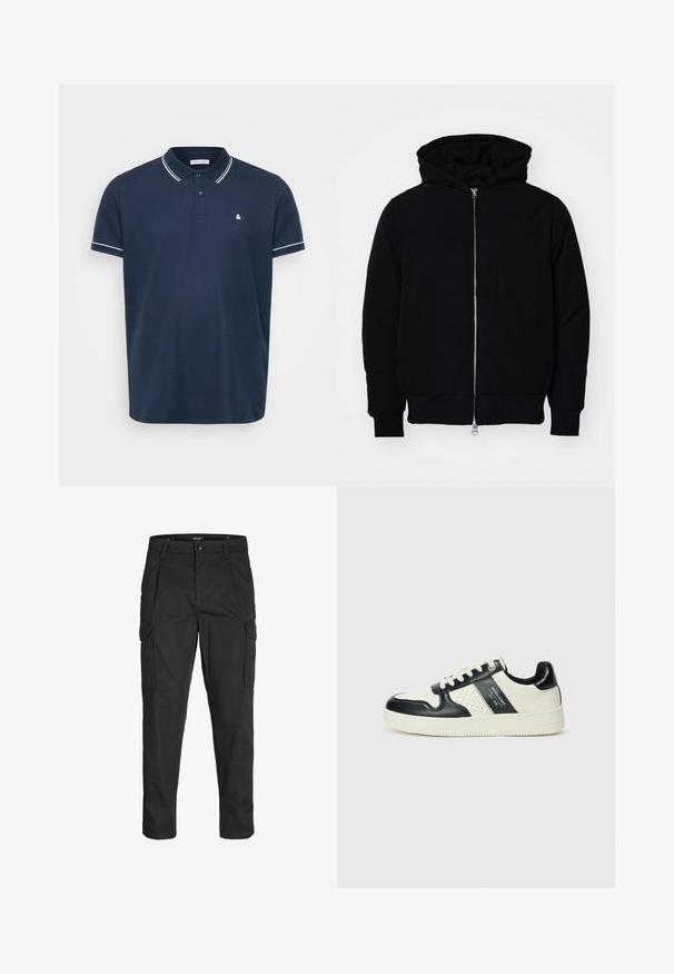 Chaqueta negra con capucha, cierre frontal, bolsillo tipo canguro, y puños y dobladillo acanalados, exhibida sobre un fondo blanco liso.; Polo de color azul marino hecho de tela texturada, con un collar clásico, tres botones y ribetes blancos en las mangas y el collar. Pequeño logo en el pecho.; Pantalones cargo negros hechos de tela resistente, que cuentan con múltiples bolsillos, un cierre de botón y un diseño de corte slim con piernas ajustadas.; Zapatillas de cuero con un esquema de colores negro y crema, que cuentan con acentos perforados, un collar acolchado y una suela texturizada.