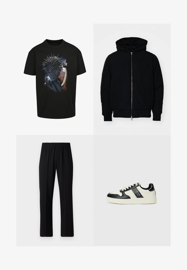 Czarna kurtka z kapturem, z suwakiem z przodu, kieszenią kangurką, ściągaczami przy mankietach i dolnym brzegu, prezentowana na jednolitym białym tle.; Czarna koszulka z krótkim rękawem, zdobiona grafiką z kolczastą głową i łańcuchem. Klasyczny krój. Odważny wzór z błyszczącą teksturą.; Czarne spodnie z elastycznym pasem o prostym kroju, z gładką strukturą i bez widocznych wzorów czy elementów metalowych.; Skórzane sneakersy w czarno-kremowym schemacie kolorystycznym, z perforowanymi akcentami, wyściełanym kołnierzem i teksturowaną podeszwą.