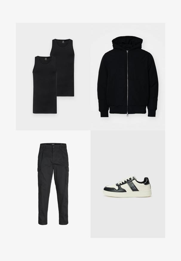 Fekete kapucnis dzseki elülső cipzárral, kenguruzsebbel, bordázott mandzsettákkal és aba, egy sima fehér háttér előtt.; Két fekete pántos felső; testhezálló dizájn, kerek nyakkivágás, sima textúra, rugalmas anyagból készült; mindkettőn diszkrét márkás logó található az elején.; Fekete cargo nadrág, amely tartós anyagból készült, több zsebet tartalmaz, gombos záródással rendelkezik, és karcsú szabású, szűkített lábakkal bír.; Fekete és krém színű bőrsneaker, perforált díszítésekkel, párnázott bokapánttal és texturált talppal.