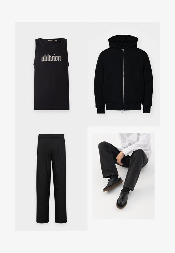 Sort hættejakke med frontlynlås, kængurulomme, ribbede manchetter og kant, præsenteret på en ensfarvet hvid baggrund.; Sort tanktop lavet af bomuld, med en fed hvid gotisk tekst "oblivion" centreret på forsiden. Glat tekstur, ærmeløs design.; Sorte bukser lavet af glat stof, med et lige ben-design, to frontfolder og en standard talje med bæltestropper.; Sorte sneakers med en glat og tekstureret overdel, der har en gummisål og mørke snørebånd. Bæret sammen med sorte jeans og en hvid stribet skjorte.