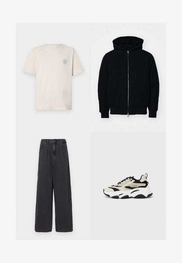 Black hooded jacket with front zipper, kangaroo pocket, ribbed cuffs, and hem, displayed on a plain white background.; Cream short-sleeve t-shirt made of cotton, featuring a small sun graphic on the left chest. Simple crew neckline and relaxed fit.; Wide-leg, high-waisted black denim pants with a front button and zipper closure, featuring side pockets and a smooth texture.; Chunky sneaker with a beige and black mesh upper, white midsole, black rubber outsole, and logo detailing on the side.