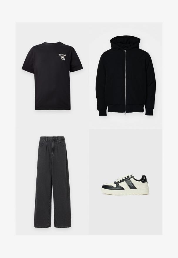 Black hooded jacket with front zipper, kangaroo pocket, ribbed cuffs, and hem, displayed on a plain white background.; Black cotton t-shirt with short sleeves, crew neck, featuring a white graphic design on the left chest area.; Wide-leg, high-waisted black denim pants with a front button and zipper closure, featuring side pockets and a smooth texture.; Leather sneakers with a black and cream color scheme, featuring perforated accents, a padded collar, and a textured outsole.