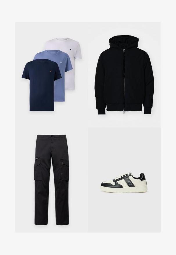 Mustat huppu-untuvatakki, jossa on vetoketju edessä, kenguru-tasku, ribatut hihansuut ja helma, esillä yksinkertaisella valkoisella taustalla.; Kolme pyöreäkaulaista t-paitaa tummansinisinä, vaaleansinisinä ja valkoisina. Valmistettu puuvillasta pehmeällä tekstuurilla, jossa on pieni logo rinnassa.; Mustat cargo-housut, joissa on useita taskuja, vetoketjullinen tasku reidellä, suora malli ja kestävä puuvillakangas, jossa on kevyt kiilto.; Nahkakengät musta-kerma värimaailmassa, joissa on rei'itetyt yksityiskohdat, pehmustettu nilkkaosa ja teksturoitu pohja.