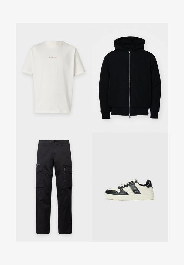 Melna kapucēta jaka ar priekšējo rāvējslēdzēju, kenguru kabatu, ribinātām aprocēm un apakšmalu, parādīta uz vienkārša balta fona.; Balts kokvilnas T-krekls ar apaļu kakla izgriezumu un īsām piedurknēm, uz krūšu daļas ar mazu, zelta izšūtu "REPLAY" logotipu.; Melnas cargo bikses ar vairākiem kabatām, ar rāvējslēdzēju kabatu uz augšstilba, taisnu piegriezumu un izturīgu kokvilnas audumu ar vieglu spīdumu.; Ādas sporta apavi ar melnbaltu krāsu shēmu, ar perforētiem akcentiem, mīkstinātu apkakli un teksturētu zoli.