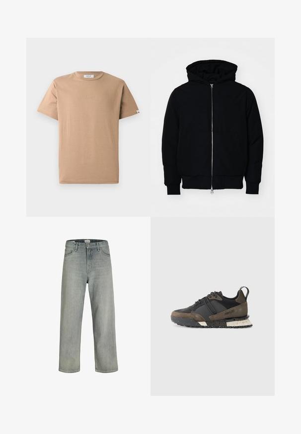 Jachetă neagră cu glugă, cu fermoar în față, buzunar tip kangaroo, mansete și tiv ribbed, prezentată pe un fundal alb simplu.; Tricou din bumbac bej cu guler rotund, mâneci scurte și un logo subtil în relief "REPLAY" pe față. Textură netedă, croială lejeră.; Jeans decolorate, cu croială confortabilă, realizate din denim. Prezentă un design clasic cu cinci buzunare, bucle pentru curea și o siluetă dreaptă.; Replay FIELD JUPITER CRAFT - Sneakers low - black/dark grey