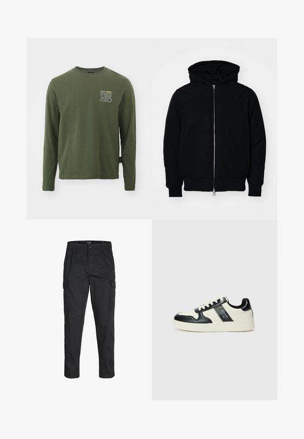 Mustaga kapuutsiga jakk, millel on esineed, kenguru tasku, soonikkoes, ja alläär, esitatud lihtsal valgel taustal.; Pikend varrukatega, oliivaroheline t-särk pehmest puuvillast. Omab ümmargust kaelust ning väikest esikujundust valge ja kollase tekstiga.; Mustad mustapõlvik, mis on valmistatud tugeva koe kasutades, sisaldab mitmeid taskuid, nupule kinnitatav sulgemine ja kitsenev disain.; Nahatud nahkkingad musta ja kreemi värviskeemiga, millel on perforeeritud aktsendid, pehme krae ja tekstureeritud tallad.