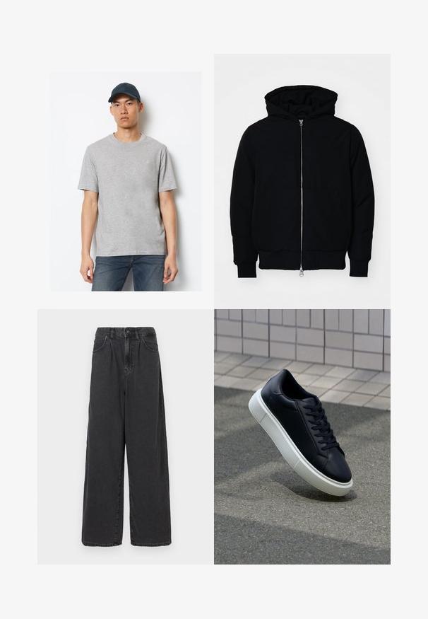 Sort hættejakke med frontlynlås, kængurulomme, ribbede manchetter og kant, præsenteret på en ensfarvet hvid baggrund.; Grå bomulds T-shirt med korte ærmer og rund hals, parret med mørkeblå jeans og en matchende kasket med et logo på forsiden.; Bredde ben, høj talje sorte denimbukser med frontknap og lynlås, der har sidelommer og en glat overflade.; Sort lædersneaker med rund tå og hvid gummisål. Har flade snørebånd og minimal syning på overdelen. Tekstureret sål for bedre greb.