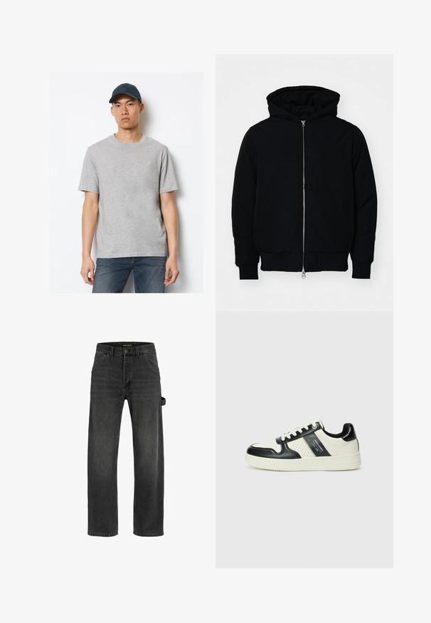 Zwarte hoodie met rits aan de voorkant, kangoeroe-pocket, geribbelde manchetten en zoom, weergegeven op een effen witte achtergrond.; Grijze katoenen T-shirt met korte mouwen en een ronde hals, gecombineerd met donkerblauwe jeans en een bijpassende pet met een logo op de voorkant.; Donkergrijze denim jeans met een rechte snit, vijf zakken, een metalen knoopsluiting en een zijbandafwerking.; Leren sneakers met een zwart en crèmekleurig kleurenschema, voorzien van geperforeerde accenten, een gevoerde kraag en een gestructureerde buitenzool.