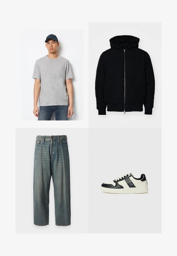 Mustaga kapuutsiga jakk, millel on esineed, kenguru tasku, soonikkoes, ja alläär, esitatud lihtsal valgel taustal.; Hall värvi puuvillane T-särk lühikeste varrukatega ja ümara kaelusega, koos tumehallide teksadega ja sobiva logoga mütsiga ees.; Heledad sinine denim-stiilis teksad, volüümse lõike, keskmise kõrgusega talje ja sirgete säärega. Omab viit taskut, vöökumme ja nööpide sulgemist.; Nahatud nahkkingad musta ja kreemi värviskeemiga, millel on perforeeritud aktsendid, pehme krae ja tekstureeritud tallad.