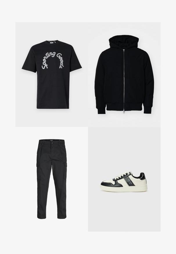 Zwarte hoodie met rits aan de voorkant, kangoeroe-pocket, geribbelde manchetten en zoom, weergegeven op een effen witte achtergrond.; Zwarte katoenen t-shirt met een gebogen "Sporting Goods" afdruk in het wit. Korte mouwen en een ronde hals. Luxe textuur.; Zwarte cargobroek van stevig stof, met meerdere zakken, een knoopsluiting en een slim fit ontwerp met taps toelopende benen.; Leren sneakers met een zwart en crèmekleurig kleurenschema, voorzien van geperforeerde accenten, een gevoerde kraag en een gestructureerde buitenzool.