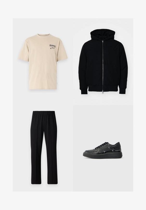 Black hooded jacket with front zipper, kangaroo pocket, ribbed cuffs, and hem, displayed on a plain white background.; Beige short-sleeve t-shirt made from cotton. Features a graphic print on the left chest with text "ALABAMA Rodeo" and a star icon.; Black, elastic-waist trousers with a straight-leg design, featuring a smooth texture and no visible patterns or hardware.; Black leather sneakers with a smooth finish, round toe, and contrasting black rubber sole. Features flat laces and branding on the side.