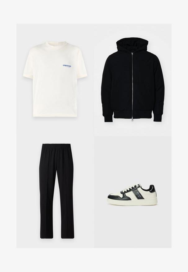 Black hooded jacket with front zipper, kangaroo pocket, ribbed cuffs, and hem, displayed on a plain white background.; Cream short-sleeve t-shirt made of soft cotton, featuring a small blue printed logo on the left chest area. Classic crew neck design.; Black, elastic-waist trousers with a straight-leg design, featuring a smooth texture and no visible patterns or hardware.; Leather sneakers with a black and cream color scheme, featuring perforated accents, a padded collar, and a textured outsole.