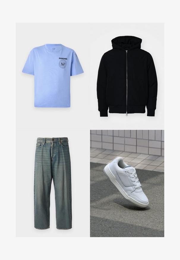 Mustaga kapuutsiga jakk, millel on esineed, kenguru tasku, soonikkoes, ja alläär, esitatud lihtsal valgel taustal.; Heled sinine puuvillane T-särk lühikeste varrukatega, ümmargune kaelus ja must "Ramones" logo trükk vasakul rinna piirkonnas. Sile tekstuur.; Heledad sinine denim-stiilis teksad, volüümse lõike, keskmise kõrgusega talje ja sirgete säärega. Omab viit taskut, vöökumme ja nööpide sulgemist.; Valge nahkne toss, millel on perforeeritud külgedega, tekstuuriga aktsendid, lame pael ja kontrastne hall konts. Omab veidi tõstetud tallat.