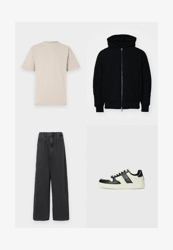 Black hooded jacket with front zipper, kangaroo pocket, ribbed cuffs, and hem, displayed on a plain white background.; Beige short-sleeve t-shirt, crew neckline, made of smooth cotton fabric, featuring a relaxed fit and no visible patterns or embellishments.; Wide-leg, high-waisted black denim pants with a front button and zipper closure, featuring side pockets and a smooth texture.; Leather sneakers with a black and cream color scheme, featuring perforated accents, a padded collar, and a textured outsole.