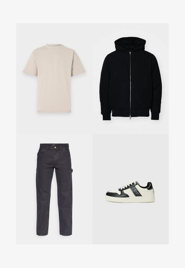 Crna kapuška jakna s prednjim zatvaračem, kenguru džepom, rebrastim manžetama i rubom, prikazana na običnoj bijeloj pozadini.; Bež majica s kratkim rukavima, okrugli izrez, napravljena od glatke pamučne tkanine, s opuštenim krojem i bez vidljivih uzoraka ili ukrasa.; Tamno sivi cargo hlače od izdržljivog materijala, s ravnim krojem, pet džepova i kopčanjem na dugme u struku.; Kožne tenisice s crno-bijelom paletom boja, koje imaju perforirane akcentne detalje, podstavljeni ovratnik i teksturiranu potplat.