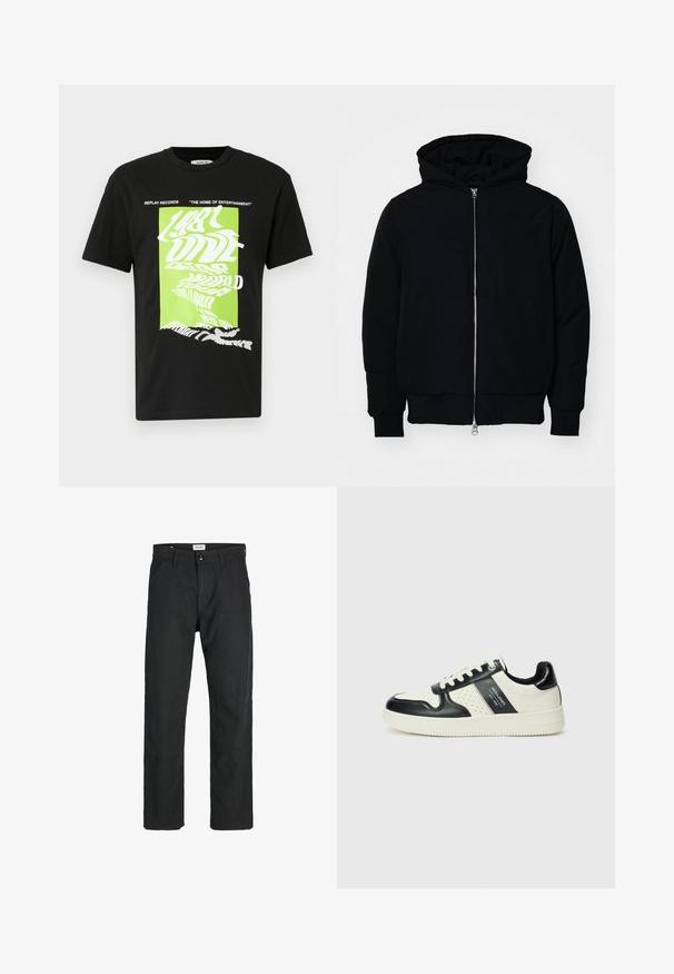 Juodas gobtuvėlis su priekiniu užtrauktuku, kengūros tipo kišene, lygiais rankogaliais ir apvadu, pateiktas ant vientiso balto fono.; Juodas medvilnės marškinėliai su iškraipyta balta ir neoninės žalios spalvos grafika bei tekstu, su apvaliu iškirpimu, trumpomis rankovėmis ir tiesiu hemu.; Juodi kelniai, pagaminti iš tvirto audinio, su tiesiomis kojomis, siuvinėtomis detalėmis ir dviem priekinėmis kišenėmis funkcionalumui.; Odiniai sportbačiai juodos ir kreminės spalvų schemoje, su perforuotais akcentais, paminkštinta apykakle ir tekstūruotu padu.