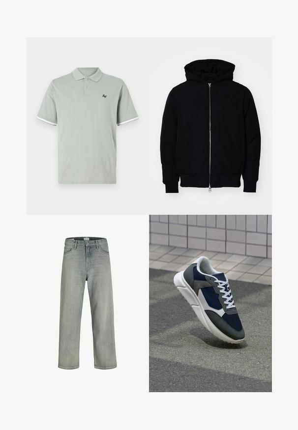 Juodas gobtuvėlis su priekiniu užtrauktuku, kengūros tipo kišene, lygiais rankogaliais ir apvadu, pateiktas ant vientiso balto fono.; Švelnios medvilnės šviesiai žalia polo marškinėliai su klasikiniais apykaklės priedais, dviem mygtukais ir baltomis juostelėmis ant rankovių. Mažas juodas logotipo detalė.; Šviesiai pilkos, laisvai krentančios džinsinės kelnės. Turi klasikinį penkių kišenių dizainą, diržo kilpas ir tiesius kojų siluetus.; Sportiniai bateliai su tamsiai mėlynu tinkliniu viršumi, pilkais zomšiniais akcentais, balta guma padanga ir plokščiomis baltomis raištelėmis, sukurti komfortui ir oro pralaidumui.
