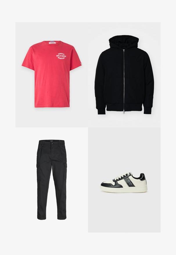 Mustaga kapuutsiga jakk, millel on esineed, kenguru tasku, soonikkoes, ja alläär, esitatud lihtsal valgel taustal.; Punane puuvillane T-särk lühikeste varrukatega, ümar krae ja eesvalge graafikatext: "ÜLDINE REPLAY TEENINDUSE KVARTAL".; Mustad mustapõlvik, mis on valmistatud tugeva koe kasutades, sisaldab mitmeid taskuid, nupule kinnitatav sulgemine ja kitsenev disain.; Nahatud nahkkingad musta ja kreemi värviskeemiga, millel on perforeeritud aktsendid, pehme krae ja tekstureeritud tallad.